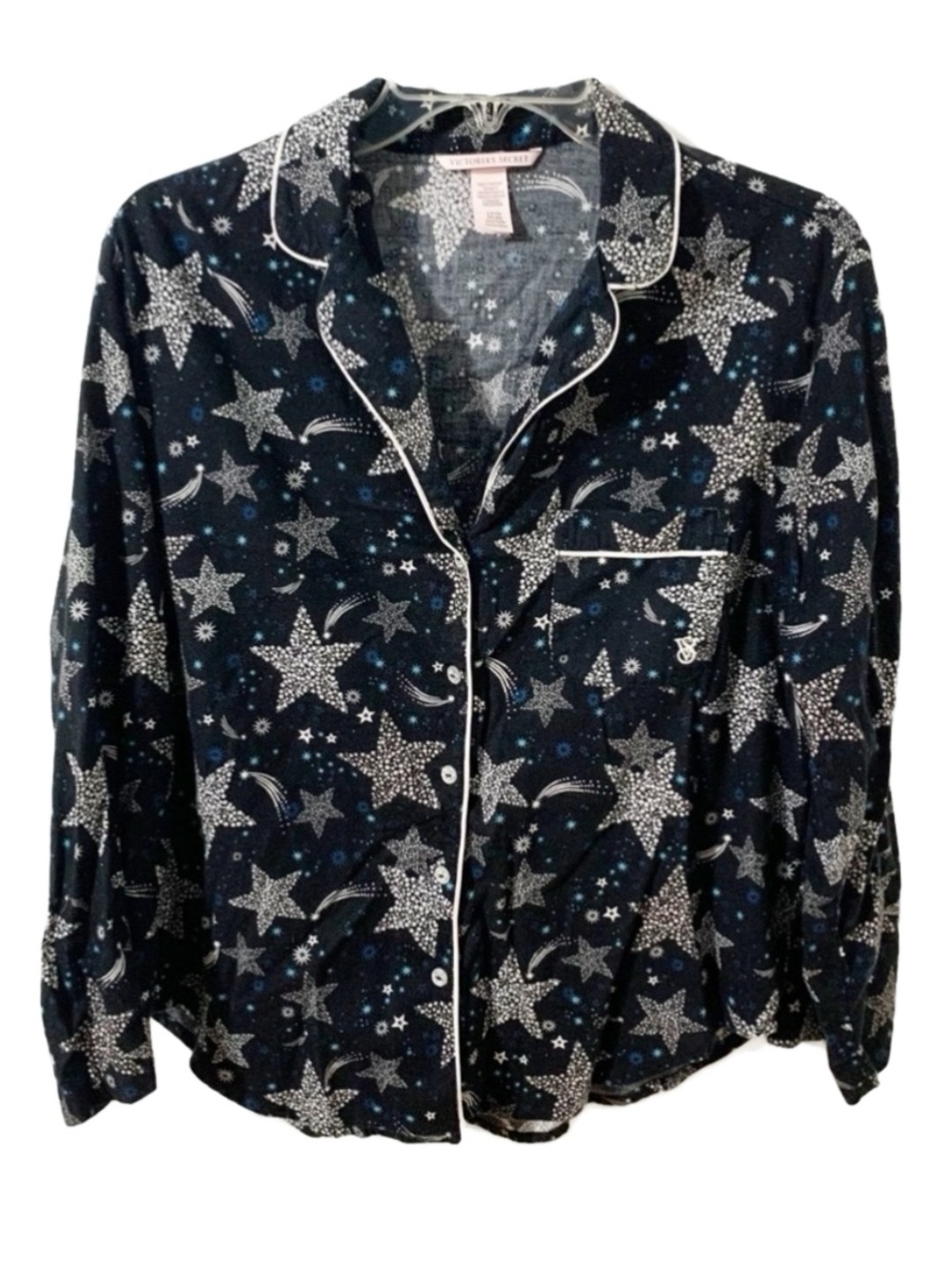 Victoria’s Secret Flannel Pajama Top Size Medium Stars Button Up Notched Lapel